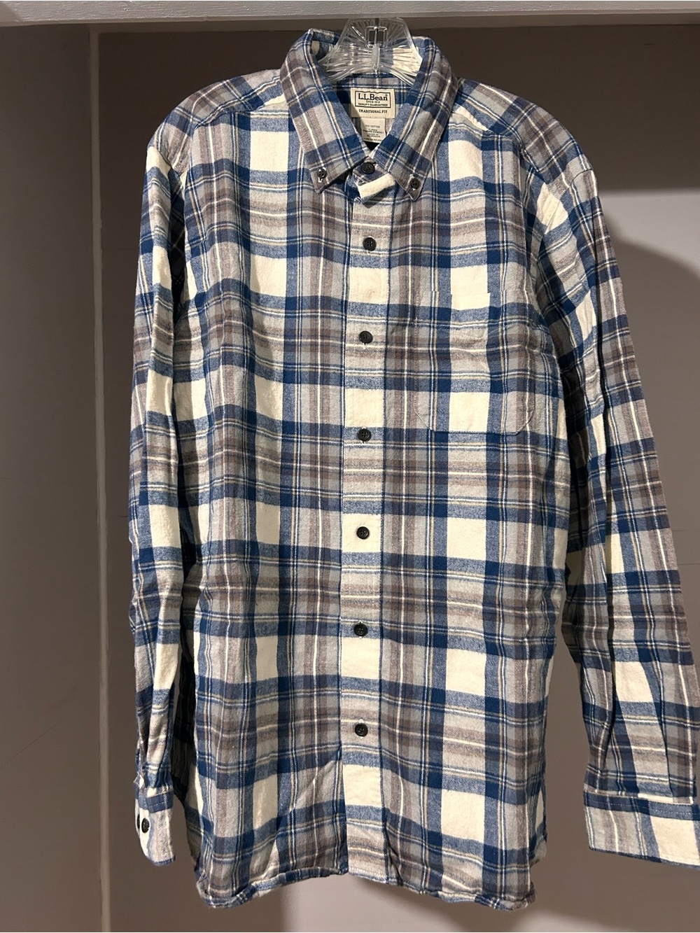 L.L. Bean Blue, Gray and White Plaid Button-Down Shirt